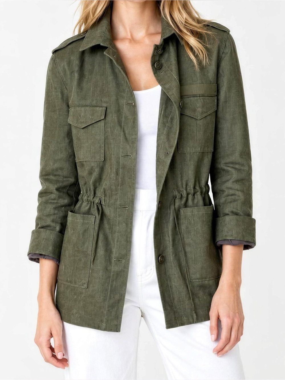EMERSON FRY Little Army Linen Utility Jacket, Green, XL
